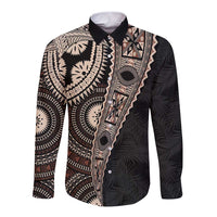 Fiji Traditional Masi Long Sleeve Button Shirt Tapa Art Palm Leaves Pattern