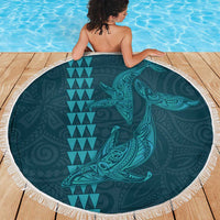 Aloha Hawaii Whale Kakau and Polynesian Tattoo Beach Blanket Turquoise Color