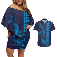 Aloha Hawaii Whale Kakau and Polynesian Tattoo Couples Matching Off Shoulder Short Dress and Hawaiian Shirt Dark Navy Color