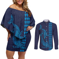 Aloha Hawaii Whale Kakau and Polynesian Tattoo Couples Matching Off Shoulder Short Dress and Long Sleeve Button Shirt Dark Navy Color
