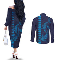 Aloha Hawaii Whale Kakau and Polynesian Tattoo Couples Matching Off The Shoulder Long Sleeve Dress and Long Sleeve Button Shirt Dark Navy Color
