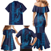 Aloha Hawaii Whale Kakau and Polynesian Tattoo Family Matching Mermaid Dress and Hawaiian Shirt Dark Navy Color