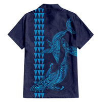 Aloha Hawaii Whale Kakau and Polynesian Tattoo Family Matching Off Shoulder Short Dress and Hawaiian Shirt Dark Navy Color