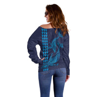 Aloha Hawaii Whale Kakau and Polynesian Tattoo Off Shoulder Sweater Dark Navy Color