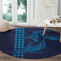 Aloha Hawaii Whale Kakau and Polynesian Tattoo Round Carpet Dark Navy Color