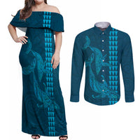 Aloha Hawaii Whale Kakau and Polynesian Tattoo Couples Matching Off Shoulder Maxi Dress and Long Sleeve Button Shirt Light Blue Color