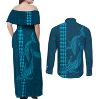 Aloha Hawaii Whale Kakau and Polynesian Tattoo Couples Matching Off Shoulder Maxi Dress and Long Sleeve Button Shirt Light Blue Color