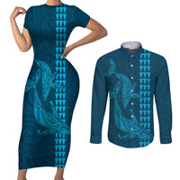 Aloha Hawaii Whale Kakau and Polynesian Tattoo Couples Matching Short Sleeve Bodycon Dress and Long Sleeve Button Shirt Light Blue Color