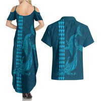 Aloha Hawaii Whale Kakau and Polynesian Tattoo Couples Matching Summer Maxi Dress and Hawaiian Shirt Light Blue Color