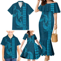 Aloha Hawaii Whale Kakau and Polynesian Tattoo Family Matching Mermaid Dress and Hawaiian Shirt Light Blue Color