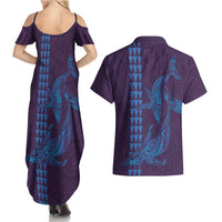 Aloha Hawaii Whale Kakau and Polynesian Tattoo Couples Matching Summer Maxi Dress and Hawaiian Shirt Purple Color