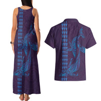 Aloha Hawaii Whale Kakau and Polynesian Tattoo Couples Matching Tank Maxi Dress and Hawaiian Shirt Purple Color