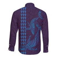 Aloha Hawaii Whale Kakau and Polynesian Tattoo Long Sleeve Button Shirt Purple Color