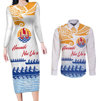 Personalised Hawaiki Nui Va'a French Polynesian Pattern Couples Matching Long Sleeve Bodycon Dress and Long Sleeve Button Shirt White Color