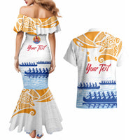 Personalised Hawaiki Nui Va'a French Polynesian Pattern Couples Matching Mermaid Dress and Hawaiian Shirt White Color