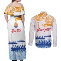 Personalised Hawaiki Nui Va'a French Polynesian Pattern Couples Matching Off Shoulder Maxi Dress and Long Sleeve Button Shirt White Color