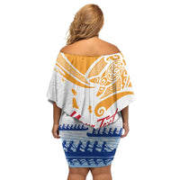 Personalised Hawaiki Nui Va'a French Polynesian Pattern Family Matching Off Shoulder Short Dress and Hawaiian Shirt White Color