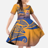Personalised Hawaiki Nui Va'a French Polynesian Pattern Family Matching Puletasi and Hawaiian Shirt Sunset Color LT03 Daughter's Dress Yellow - Polynesian Pride
