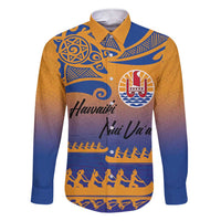 Personalised Hawaiki Nui Va'a French Polynesian Pattern Family Matching Short Sleeve Bodycon Dress and Hawaiian Shirt Sunset Color LT03 Dad's Shirt - Long Sleeve Yellow - Polynesian Pride