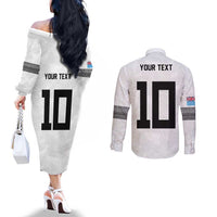 Custom Rugby Fiji Couples Matching Off The Shoulder Long Sleeve Dress and Long Sleeve Button Shirt Fijian Masi Tribal Sporty Style White Color - Polynesian Pride