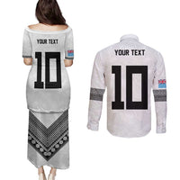 Custom Rugby Fiji Couples Matching Puletasi and Long Sleeve Button Shirt Fijian Masi Tribal Sporty Style White Color - Polynesian Pride