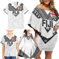 Custom Rugby Fiji Family Matching Off Shoulder Short Dress and Hawaiian Shirt Fijian Masi Tribal Sporty Style White Color - Polynesian Pride