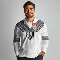 Custom Rugby Fiji Long Sleeve Polo Shirt Fijian Masi Tribal Sporty Style White Color - Polynesian Pride