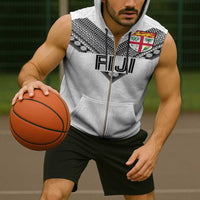 Custom Rugby Fiji Sleeveless Zip Hoodie Fijian Masi Tribal Sporty Style White Color LT03 - Polynesian Pride