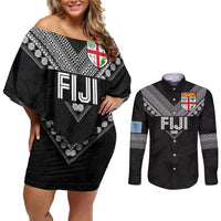Custom Rugby Fiji Couples Matching Off Shoulder Short Dress and Long Sleeve Button Shirt Fijian Masi Tribal Sporty Style Black Color - Polynesian Pride