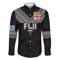 Custom Rugby Fiji Family Matching Long Sleeve Bodycon Dress and Hawaiian Shirt Fijian Masi Tribal Sporty Style Black Color - Polynesian Pride