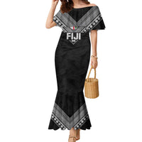Custom Rugby Fiji Family Matching Mermaid Dress and Hawaiian Shirt Fijian Masi Tribal Sporty Style Black Color - Polynesian Pride