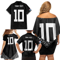 Custom Rugby Fiji Family Matching Off Shoulder Short Dress and Hawaiian Shirt Fijian Masi Tribal Sporty Style Black Color - Polynesian Pride
