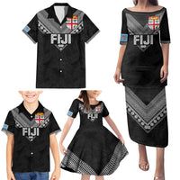 Custom Rugby Fiji Family Matching Puletasi and Hawaiian Shirt Fijian Masi Tribal Sporty Style Black Color - Polynesian Pride