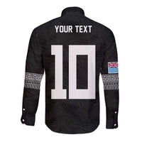 Custom Rugby Fiji Long Sleeve Button Shirt Fijian Masi Tribal Sporty Style Black Color - Polynesian Pride