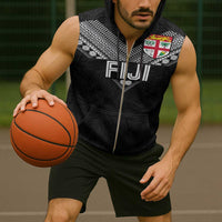 Custom Rugby Fiji Sleeveless Zip Hoodie Fijian Masi Tribal Sporty Style Black Color LT03 - Polynesian Pride