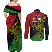 Papua New Guinea Southern Highlands Province Couples Matching Off Shoulder Maxi Dress and Long Sleeve Button Shirts PNG Birds Of Paradise Polynesian Arty Style LT03 - Polynesian Pride