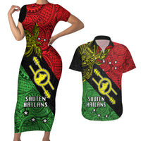 Papua New Guinea Southern Highlands Province Couples Matching Short Sleeve Bodycon Dress and Hawaiian Shirt PNG Birds Of Paradise Polynesian Arty Style LT03 Black - Polynesian Pride