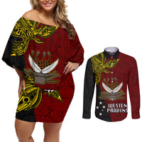 Personalised Papua New Guinea Western Province Couples Matching Off Shoulder Short Dress and Long Sleeve Button Shirts PNG Birds Of Paradise Polynesian Arty Style LT03 Red - Polynesian Pride