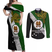 Papua New Guinea Western Highlands Province Couples Matching Off Shoulder Maxi Dress and Long Sleeve Button Shirts PNG Birds Of Paradise Polynesian Arty Style LT03 Green - Polynesian Pride