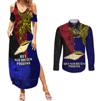 Papua New Guinea West New Britain Province Couples Matching Summer Maxi Dress and Long Sleeve Button Shirts PNG Birds Of Paradise Polynesian Arty Style LT03 Blue - Polynesian Pride