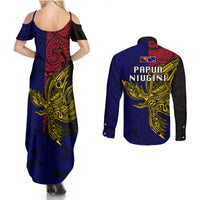 Papua New Guinea West New Britain Province Couples Matching Summer Maxi Dress and Long Sleeve Button Shirts PNG Birds Of Paradise Polynesian Arty Style LT03 - Polynesian Pride