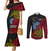 Papua New Guinea Sandaun Province Couples Matching Mermaid Dress and Long Sleeve Button Shirts PNG Birds Of Paradise Polynesian Arty Style LT03 Red - Polynesian Pride