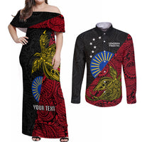 Personalised Papua New Guinea Sandaun Province Couples Matching Off Shoulder Maxi Dress and Long Sleeve Button Shirts PNG Birds Of Paradise Polynesian Arty Style LT03 Red - Polynesian Pride