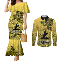 Papua New Guinea National Capital District Couples Matching Mermaid Dress and Long Sleeve Button Shirts PNG Birds Of Paradise Polynesian Arty Style LT03 Yellow - Polynesian Pride
