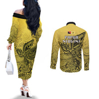 Papua New Guinea National Capital District Couples Matching Off The Shoulder Long Sleeve Dress and Long Sleeve Button Shirts PNG Birds Of Paradise Polynesian Arty Style LT03 - Polynesian Pride