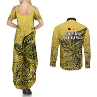 Papua New Guinea National Capital District Couples Matching Summer Maxi Dress and Long Sleeve Button Shirts PNG Birds Of Paradise Polynesian Arty Style LT03 - Polynesian Pride
