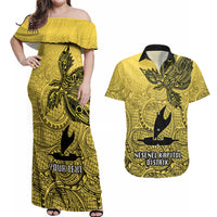 Personalised Papua New Guinea National Capital District Couples Matching Off Shoulder Maxi Dress and Hawaiian Shirt PNG Birds Of Paradise Polynesian Arty Style LT03 Yellow - Polynesian Pride