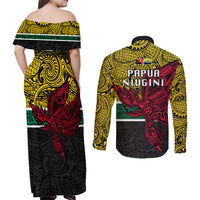 Papua New Guinea Hela Province Couples Matching Off Shoulder Maxi Dress and Long Sleeve Button Shirts PNG Birds Of Paradise Polynesian Arty Style LT03 - Polynesian Pride