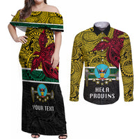 Personalised Papua New Guinea Hela Province Couples Matching Off Shoulder Maxi Dress and Long Sleeve Button Shirts PNG Birds Of Paradise Polynesian Arty Style LT03 Yellow - Polynesian Pride