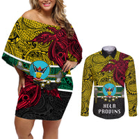 Personalised Papua New Guinea Hela Province Couples Matching Off Shoulder Short Dress and Long Sleeve Button Shirts PNG Birds Of Paradise Polynesian Arty Style LT03 Yellow - Polynesian Pride